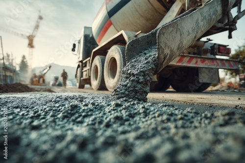 Cement mixer truck pouring fresh concrete on construction site during early stages of building road with cranes in background at sunrise or sunset