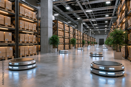 Warehouse robots move boxes in storage area during daylight hours in busy facility