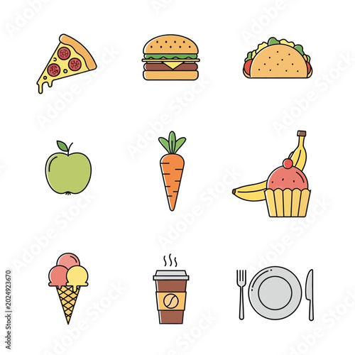 Tableau sur toile Colorful food and drink icons.
