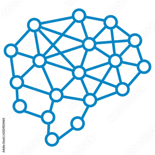 Blue linear icon of a human brain formed by a digital network. Minimalist vector illustration of cyber mind isolated on a transparent background