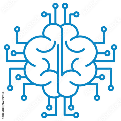 Blue linear icon of a human brain with electronic circuit lines spreading outwards. Vector illustration of a cyber mind isolated on a transparent background