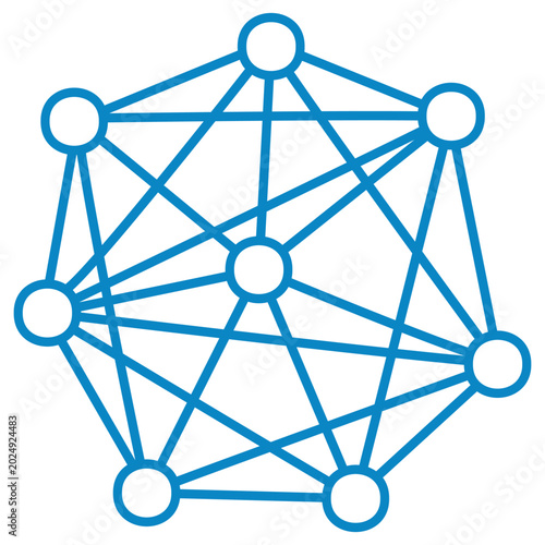 Blue linear icon of a complex neural network or big data grid. Minimalist vector illustration of highly connected nodes on a transparent background