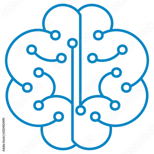 Blue linear icon of a human brain designed as an electronic circuit board. Vector illustration of a cyber CPU chip isolated on a transparent background