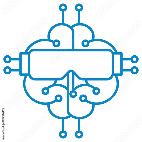 Blue linear icon of a technology brain wearing virtual reality glasses. Vector illustration of AR headset and cyber mind on a transparent background