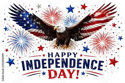 Bald eagle with outstretched wings holding american flag against fireworks and stars background