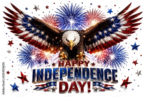 Bald eagle with outstretched wings over american flag fireworks celebration independence day