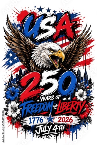 Bold patriotic eagle celebrating 250 years of u s a freedom with red white blue splatter effects american eagle