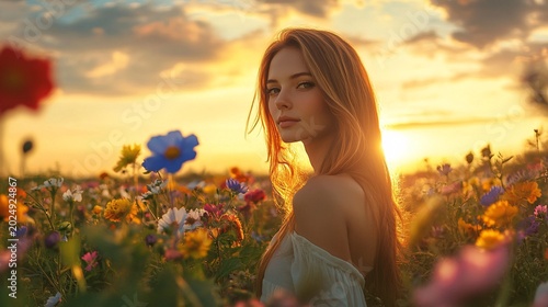 Beautiful young woman in flowy dress standing amidst colorful flowers during sunset