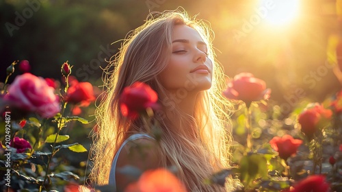 Serene Young Woman Enjoying Warm Sunset Outdoors Among Vibrant Flowers