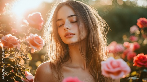 Serene Young Woman with Long Hair Enjoying Sunshine in Flower Garden