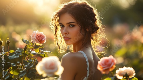 Elegant young woman with curly hair enjoying a sunset in a blooming rose garden