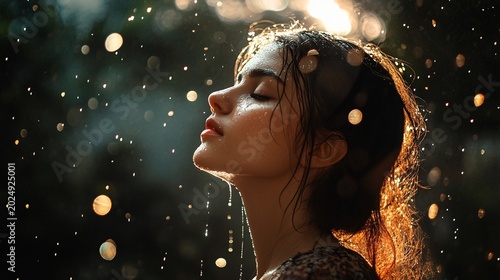 Peaceful Woman with Wet Hair Enjoying Rainlight in Nature at Sunset