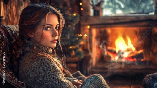 Cozy Indoor Scene with Young Woman Relaxing by Fireplace in Warm Lighting