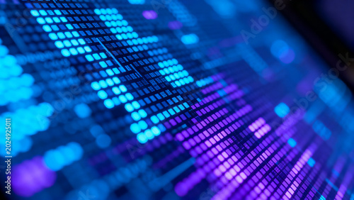 Abstract macro view of a digital screen shows glowing blue and purple diodes with RGB pixel texture creating tech display background electronic hardware aesthetic for smart digital AI use scene