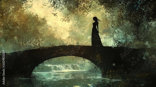 Peaceful Woman Standing on Bridge Over Water Surrounded by Nature Forest Scene