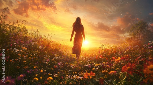 Woman Walking Through a Vibrant Flower Field at Sunset With Warm Sky Backdrop