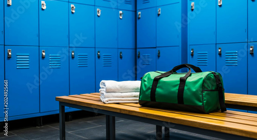 Green gym bag and white towels on a wooden bench in a modern blue locker room.