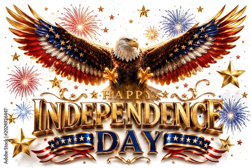 Golden bald eagle with outstretched wings over patriotic independence day fireworks celebration