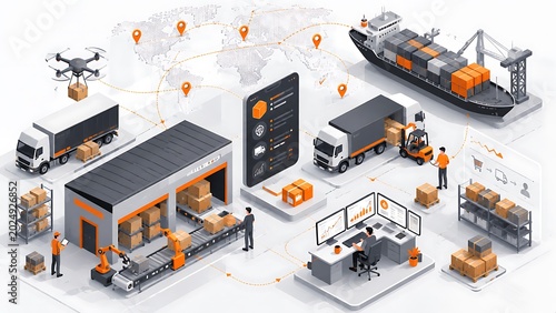Isometric view of global logistics network with drones trucks ships and warehouse operations