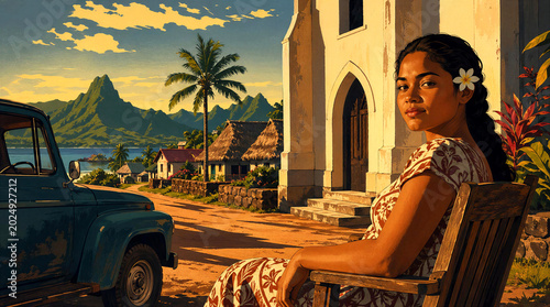native American woman sitting in Pacific Island Polynesian village near church