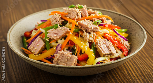 Healthy low-carb keto tuna salad bowl with fresh crisp vegetables