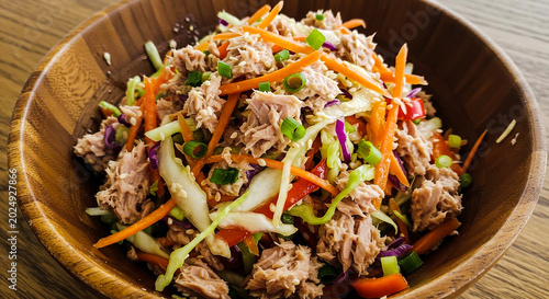 Fresh homemade seafood salad with canned tuna and colorful julienned vegetables on a wooden background