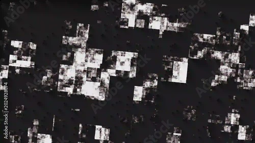 Abstract digital grid background with white tech blocks and pixel data fragments shifting on a black screen, perfect for cyber crypto themes and retro gaming intros. 4k