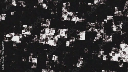 Abstract tech background with white mosaic blocks and digital matrix fragments shifting on a black screen, perfect for cyber crypto loop overlays. 4k