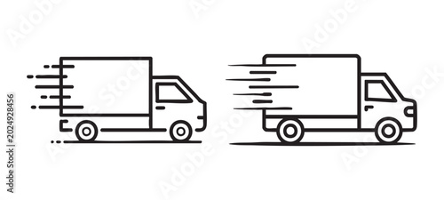 Outline style delivery truck icons set showing motion speed lines for express shipping services.