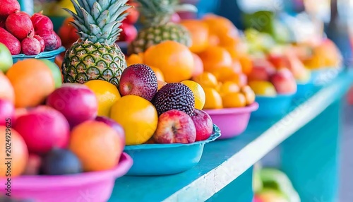A vibrant display of fresh fruits and vegetables arranged in a farmer's market setting, showcasing the importance of food security and healthy eating habits.