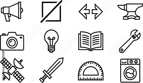 Canvas Print Collection of simple black line icons featuring megaphone camera light bulb open