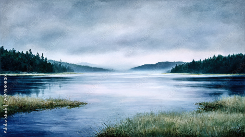 Obraz premium Serene Lake Scene with Misty Forests