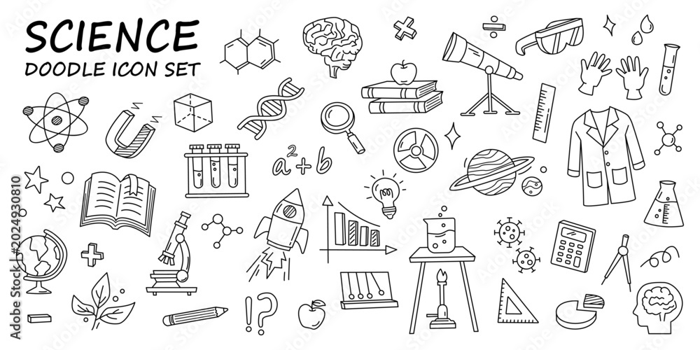 Naklejka premium Science doodle icon set isolated on white background. Vector illustration suitable for background, icons, pattern and other creative design.