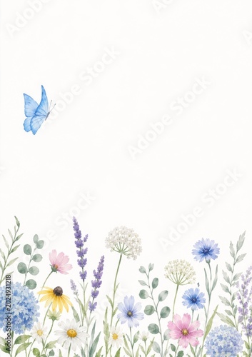 Watercolor Illustration of Colorful Wildflowers and Grasses Arranged Along the Bottom Edge with a Blue Butterfly in Flight on a White Background
