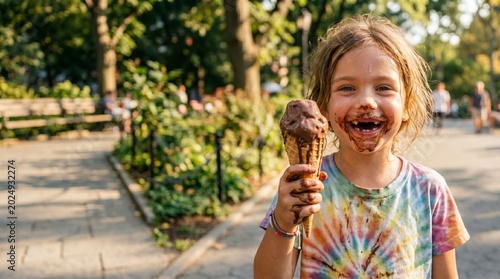 Happy child with chocolate ice cream smeared face enjoying a summer day in the park