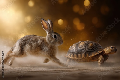 A fast-moving rabbit chases a slowly walking tortoise in a golden glowing, dusty environment symbolizing determination and contrast between speed and patience