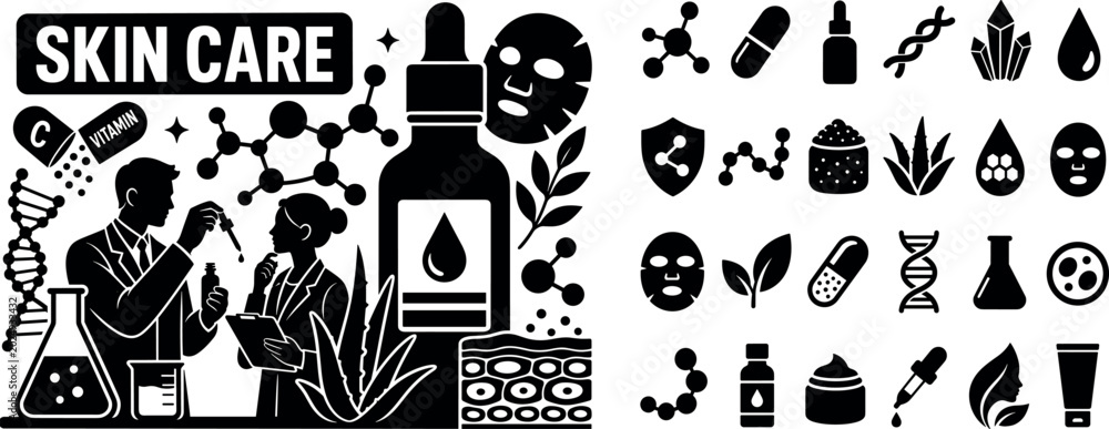 Fototapeta premium Skincare Ingredient Science. Solid black glyph-style banner for skincare ingredient science scene, with one dermatologist and one beauty specialist examining serum formula, oversized molecule