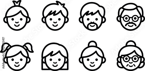 Cuadro en lienzo Minimalist family avatar icon set featuring black line art of children, adults,