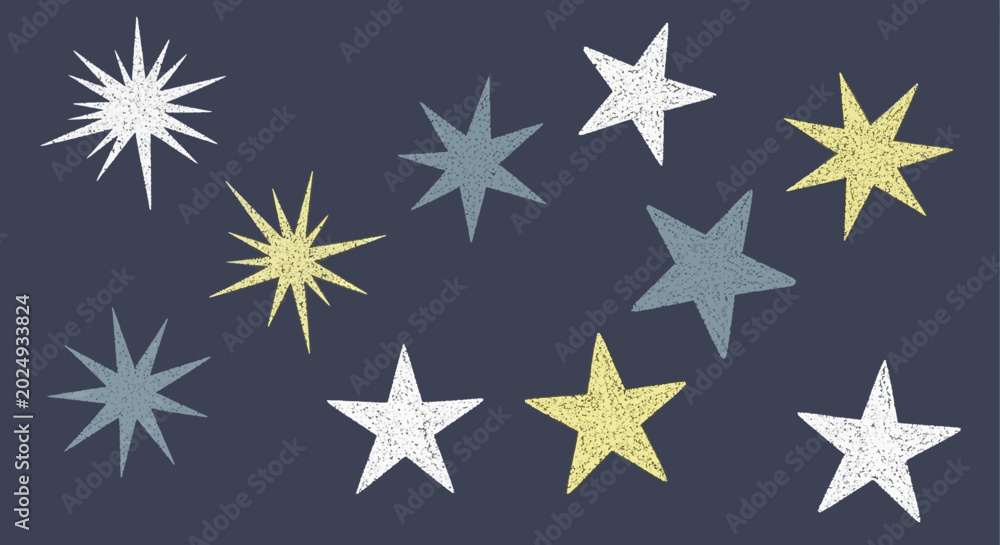 Obraz premium whimsical textured stars in various white yellow and blue shades twinkle on a dark background ideal for festive decorative design.