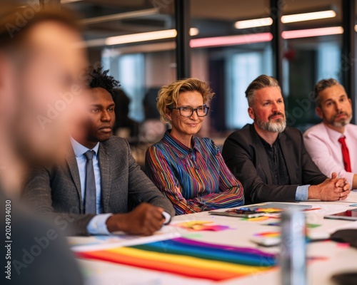 Corporate Diversity Meeting with Inclusive Team and Rainbow Pride Colors