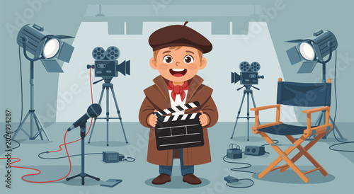 A delightful vector illustration of a young boy dressed as a director holding a clapboard on a film set with vintage cameras and lights