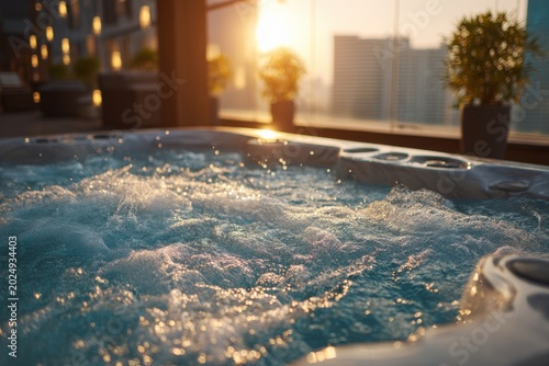 Relaxing rooftop jacuzzi with bubbling water and warm sunlight overlooking a cityscape during golden hour with potted plants decorating the space