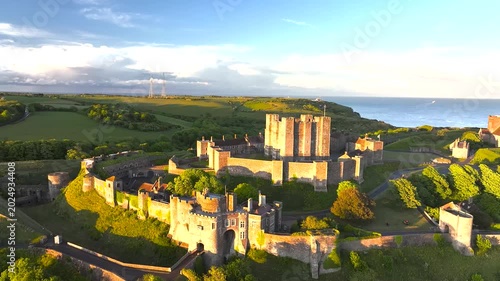 Dover Castle from a drone, White Cliffs, Dover, Kent, England