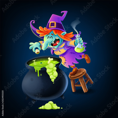 cartoon witch prepares potion with slime