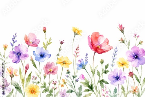 Watercolor Illustration of Colorful Wildflowers in Pink Purple Blue Yellow and Red Tones Arranged in a Natural Meadow-Inspired Composition on a White Background