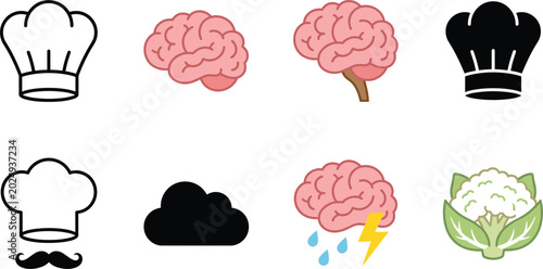 Schilderij op canvas Professional icon set featuring chef hats mustache human brain anatomy storm clo