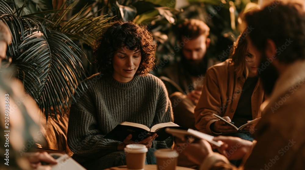 © Justlight - Focused main subject holding a Bible while others pass notebooks around surrounded by coffee mugs and lush houseplants highlighting intimate focus in a warmly lit candid setting.