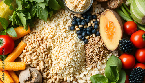 Selection of healthy rich fiber sources vegan food for cooking, isometry. White tone