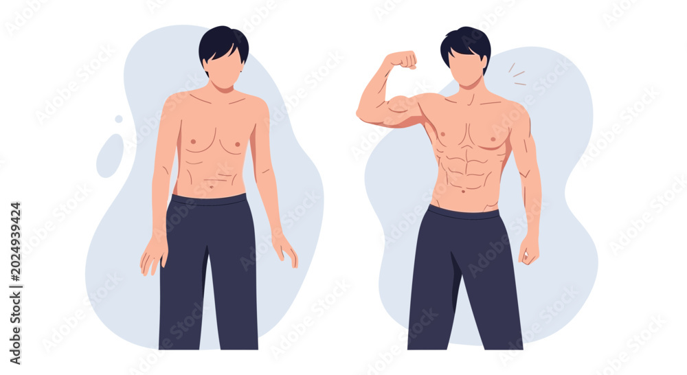 Obraz premium Illustration of a Muscular Man Before and After Body Transformation