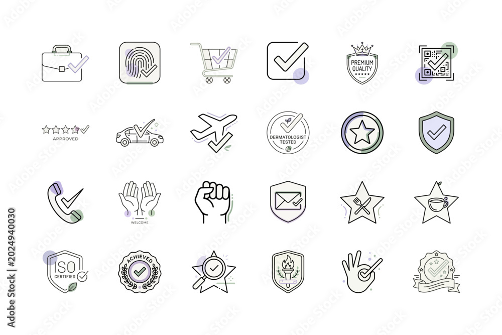 Fototapeta premium Approved Quality Checkmark Icons Set or Thin Line Guarantee Symbols Collection